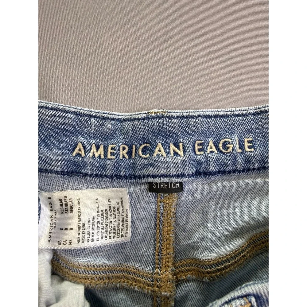 American Eagle Mid Rise Straight Jeans Light Wash Stretch Distressed 8 Regular